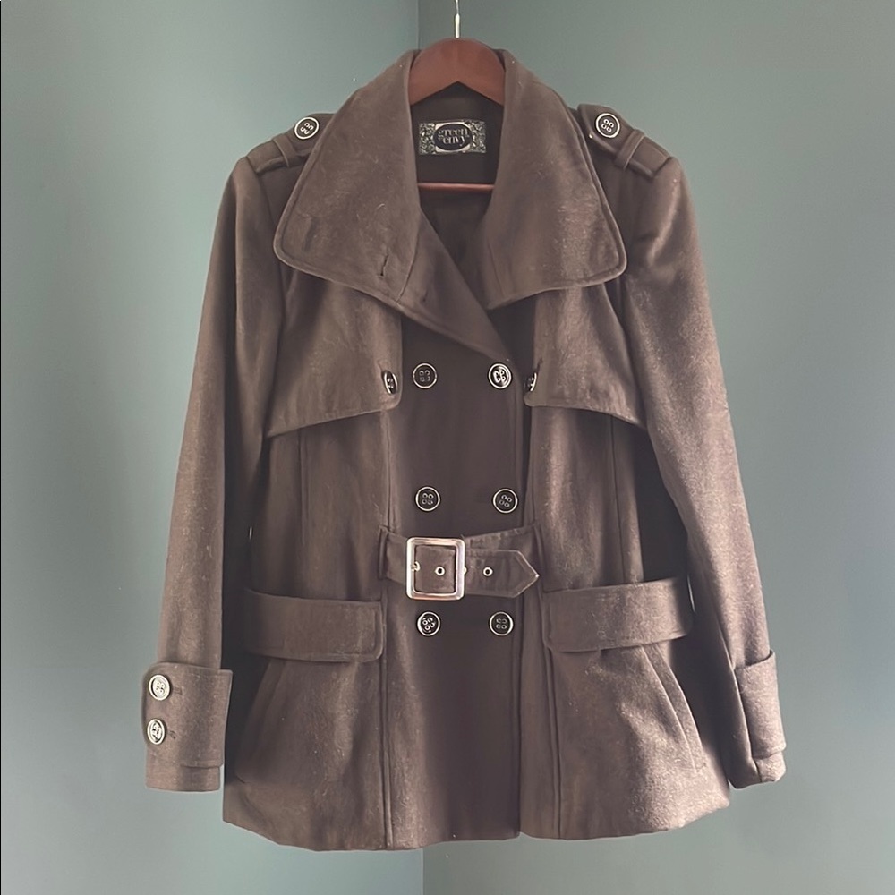 Wool Dark Green Brown Double-Breasted Trench Coat
